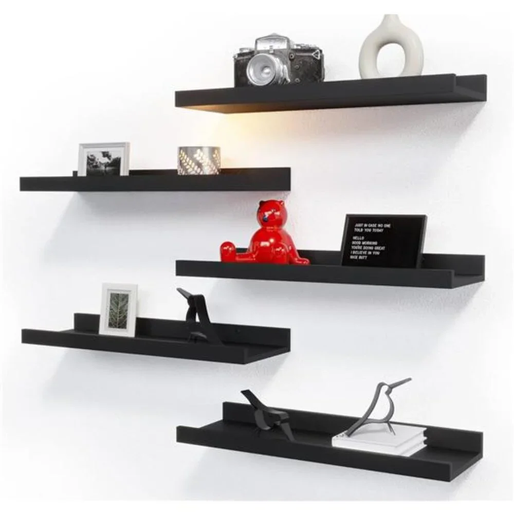 5 Set Floating Wall Mounted Shelves, Black Shelves for Wall Decor, Modern